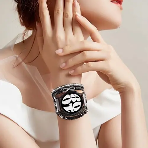 Boho Leather Bracelet for Samsung Galaxy Watch 8/7/6/5/4 Band 40mm 44mm Women, 20mm Handmade Multilayer Beaded Watch Bands for Watch 8 6 Classic 43mm/Watch 5 Pro/Watch4 Classic 42mm/Galaxy Active 2 - 2