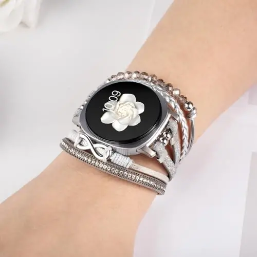Boho Leather Bracelet for Samsung Galaxy Watch 8/7/6/5/4 Band 40mm 44mm Women, 20mm Handmade Multilayer Beaded Watch Bands for Watch 8 6 Classic 43mm/Watch 5 Pro/Watch4 Classic 42mm/Galaxy Active 2 - 4