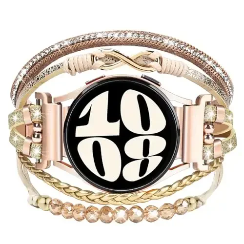 Boho Leather Bracelet for Samsung Galaxy Watch 8/7/6/5/4 Band 40mm 44mm Women, 20mm Handmade Multilayer Beaded Watch Bands for Watch 8 6 Classic 43mm/Watch 5 Pro/Watch4 Classic 42mm/Galaxy Active 2 - ORATYFAN