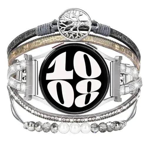 Boho Leather Bracelet for Samsung Galaxy Watch 8/7/6/5/4 Band 40mm 44mm Women, 20mm Handmade Multilayer Beaded Watch Bands for Watch 8 6 Classic 43mm/Watch 5 Pro/Watch4 Classic 42mm/Galaxy Active 2 - 1