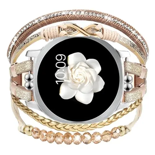 Boho Leather Bracelet for Samsung Galaxy Watch 8/7/6/5/4 Band 40mm 44mm Women, 20mm Handmade Multilayer Beaded Watch Bands for Watch 8 6 Classic 43mm/Watch 5 Pro/Watch4 Classic 42mm/Galaxy Active 2 - 1