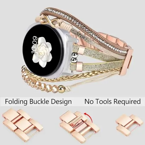 Boho Leather Bracelet for Samsung Galaxy Watch 8/7/6/5/4 Band 40mm 44mm Women, 20mm Handmade Multilayer Beaded Watch Bands for Watch 8 6 Classic 43mm/Watch 5 Pro/Watch4 Classic 42mm/Galaxy Active 2 - 3