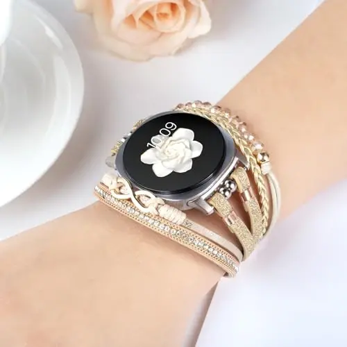 Boho Leather Bracelet for Samsung Galaxy Watch 8/7/6/5/4 Band 40mm 44mm Women, 20mm Handmade Multilayer Beaded Watch Bands for Watch 8 6 Classic 43mm/Watch 5 Pro/Watch4 Classic 42mm/Galaxy Active 2 - 4