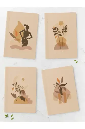 Boho Stripeless Notebook Set - 4 Pieces - 14cm*20cm - 64 Pages-Beige - 1