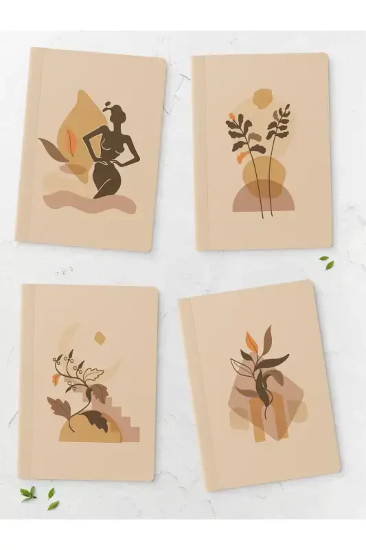 Boho Stripeless Notebook Set - 4 Pieces - 14cm*20cm - 64 Pages-Beige - 1