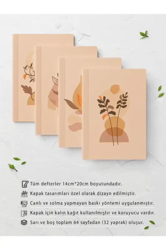 Boho Stripeless Notebook Set - 4 Pieces - 14cm*20cm - 64 Pages-Beige - 2