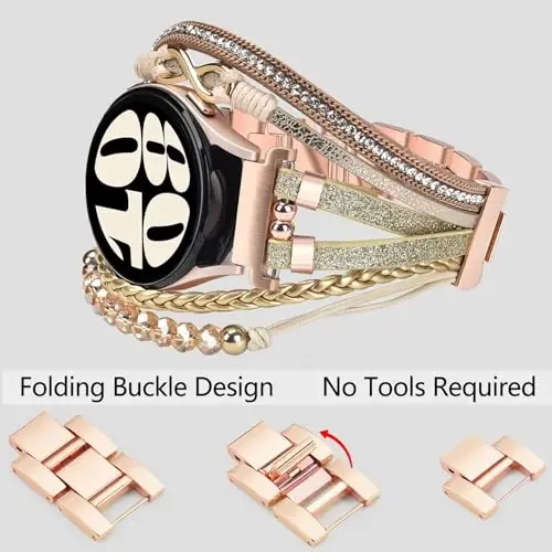 Boho teri bilaguzuk Samsung Galaxy Watch 8/7/6/5/4 uchun 40mm 44mm ayollar, 20mm qo'lda ishlangan ko'p qatlamli munchoqli soat bilaguzuklari Watch 8 6 Classic 43mm/Watch 5 Pro/Watch4 Classic 42mm/Galaxy Active 2 uchun - 3