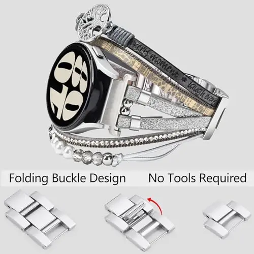 Boho teri bilaguzuk Samsung Galaxy Watch 8/7/6/5/4 uchun 40mm 44mm ayollar, 20mm qo'lda yasalgan ko'p qatlamli munchoqli bilaguzuklar Watch 8 6 Classic 43mm/Watch 5 Pro/Watch4 Classic 42mm/Galaxy Active 2 uchun - 3