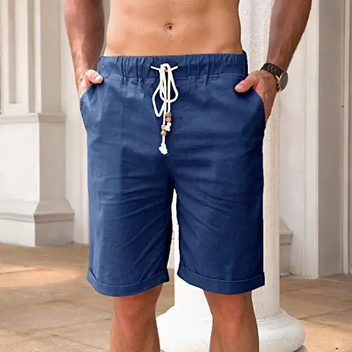 Boisouey Men's Linen Casual Classic Fit Short Summer Beach Shorts - 3