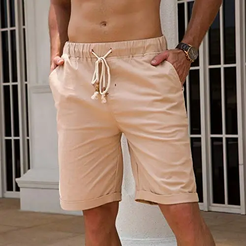 Boisouey Men's Linen Casual Classic Fit Short Summer Beach Shorts - 3