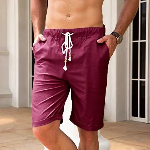 Boisouey Men's Linen Casual Classic Fit Short Summer Beach Shorts - 3