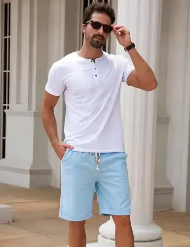 Boisouey Men's Linen Casual Classic Fit Short Summer Beach Shorts - 5