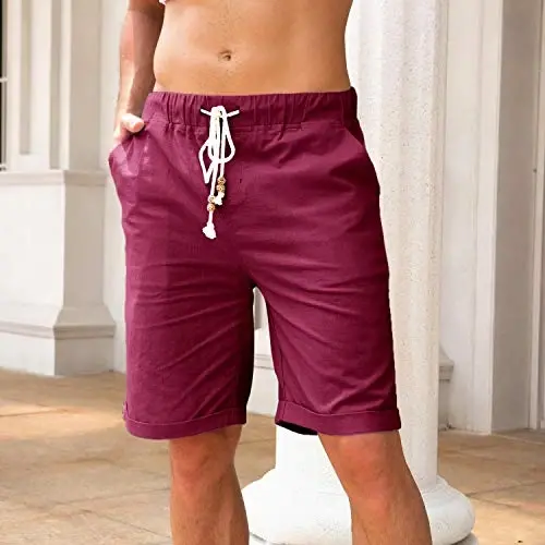 Boisouey Men's Linen Casual Classic Fit Short Summer Beach Shorts - 4