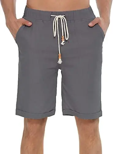 Boisouey Men's Linen Casual Classic Fit Short Summer Beach Shorts - 3
