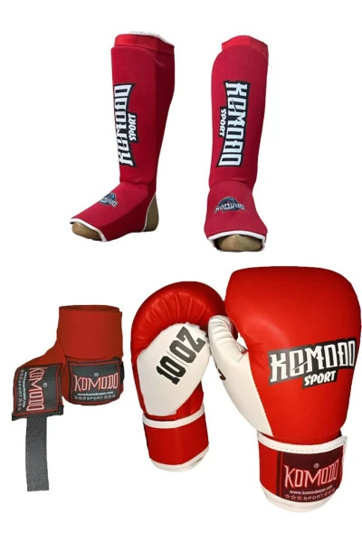 Boks Qo'lqopi 12 oz/Bandaj 3,5 metr /Elastik Kickboks Boldir va Oyoq Himoya Seti - KOMODO SPORT