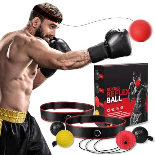 KTEBO® Boxing Reflex Ball Headband Set - Includes 4 Different Balls and 2 Adjustable Headbands for Beginner Proficiency Improvement, Great Boxing Equipment - 1