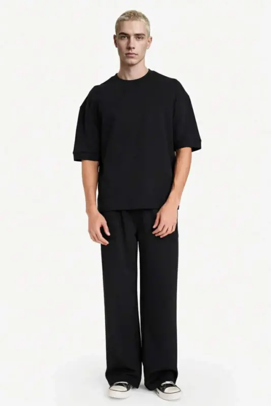 Loose Fit Bisiklet Yaka Kısa Kollu Ağır Kumaş Basic Düz Siyah Tişört-Siyah - 2