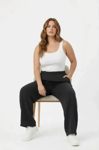 Bol Paça Büyük Beden Beli Lastikli Füme Pantolon - 3