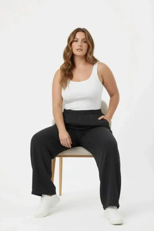 Bol Paça Büyük Beden Beli Lastikli Füme Pantolon - 3