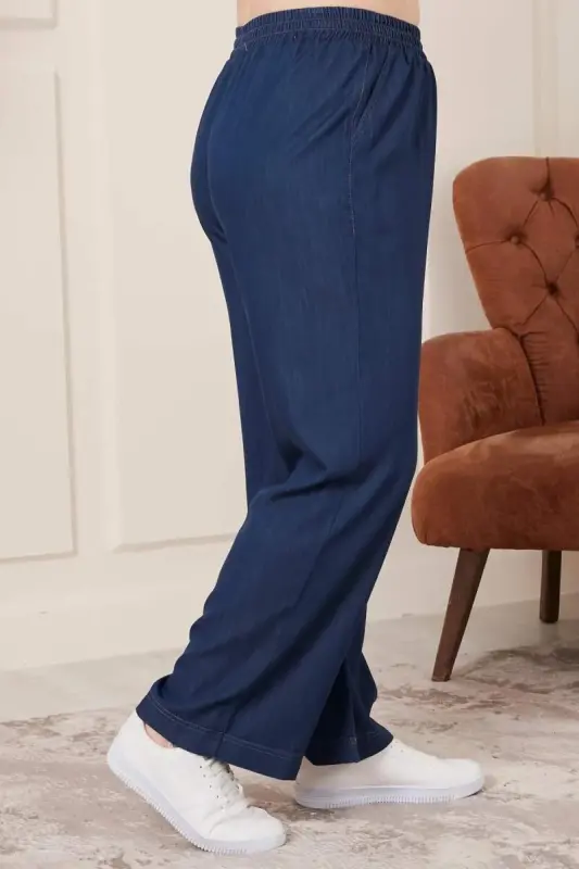 Bol Paça Büyük Beden Beli Lastikli Lacivert Pantolon - 2