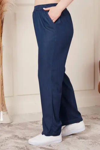Bol Paça Büyük Beden Beli Lastikli Lacivert Pantolon - 3