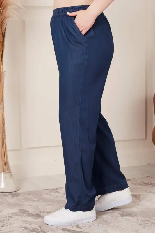 Bol Paça Büyük Beden Beli Lastikli Lacivert Pantolon - 3