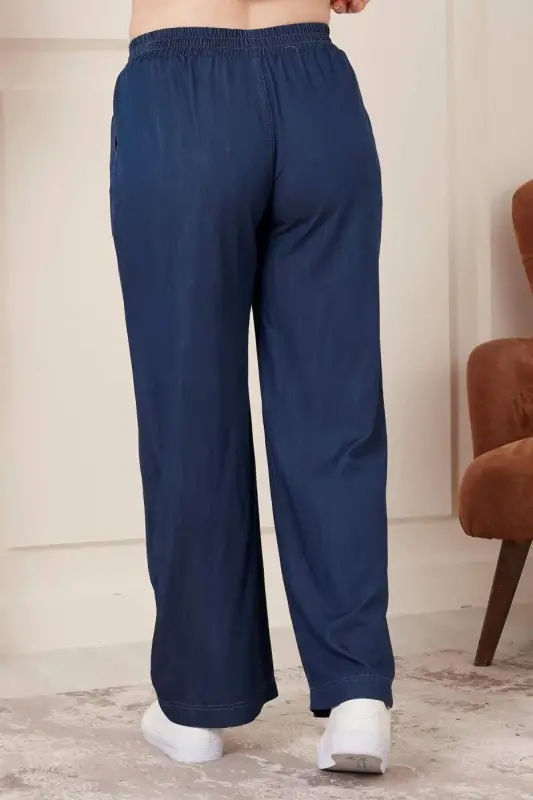 Bol Paça Büyük Beden Beli Lastikli Lacivert Pantolon - 4