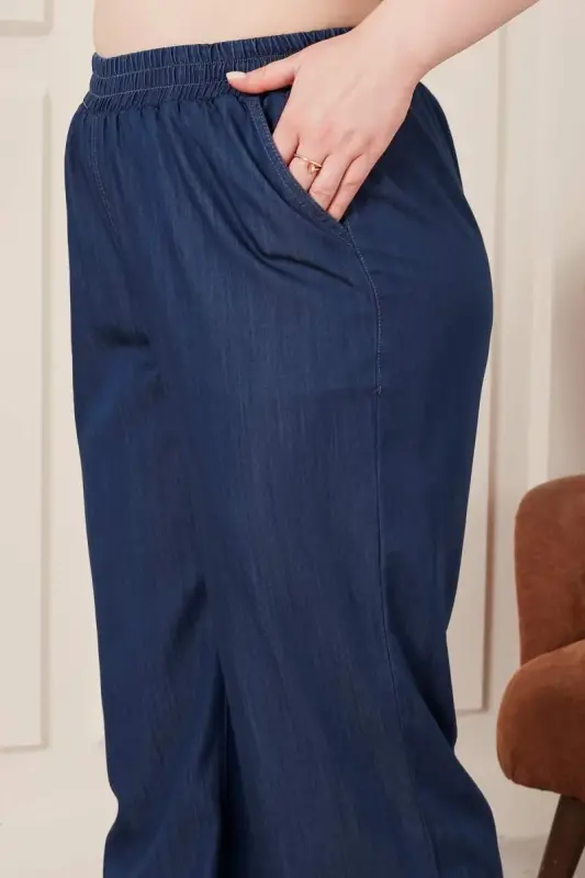 Bol Paça Büyük Beden Beli Lastikli Lacivert Pantolon - 6