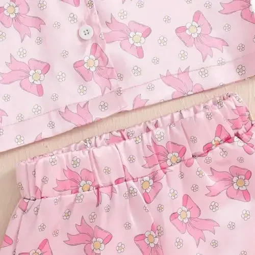 Bolalar Bolalar Qiz Bola Atlas Pajama Komplekti Qisqa yengli Tugmali Ko'ylak va Shortiklar Pjs Yozgi Uyqu Kiyimi Tungi Kiyim - 6