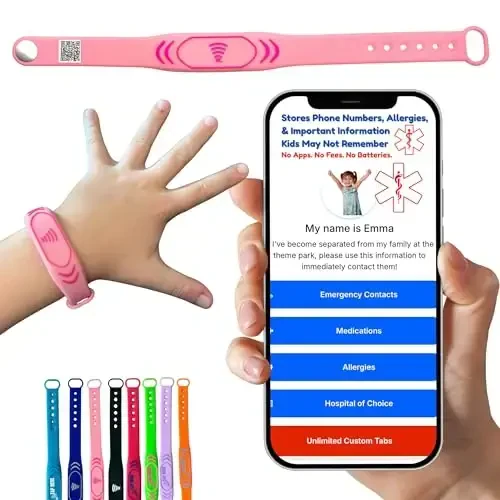 Bolalar ID bilaguzuk - NFC favqulodda aloqa bilaguzuk, sozlanishi 5,5–7,5”, suv o‘tkazmaydigan silikon xavfsizlik tasmasi, GPS emas, sayohat va maktab bolalar xavfsizligi bilaguzuk - 1