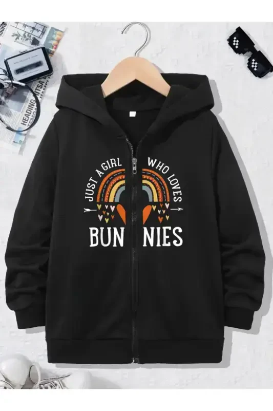 Bolalar Kapüşonli O'g'il-qiz Bunnies Bosmali Qora Fermuarli Kardigan-mdl1 - 1