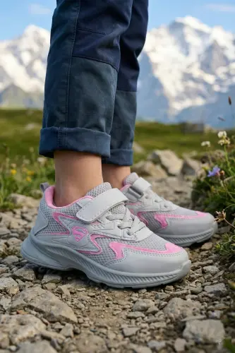 Bolalar Kulrang Pushti Bog'ichli Yagona Velcro Elastik Yengil Nafas Oluvchan Unisex To'rli Krossovkalar Sport Oyoq Kiyimi-Kulrang 