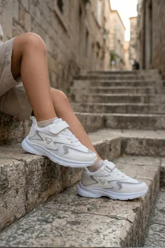 Bolalar Oq Ipli Yagona Velcro Elastik Yengil Nafas Oluvchi Uniseks To'rli Sneaker Sport Poyabzali-Oq - 3