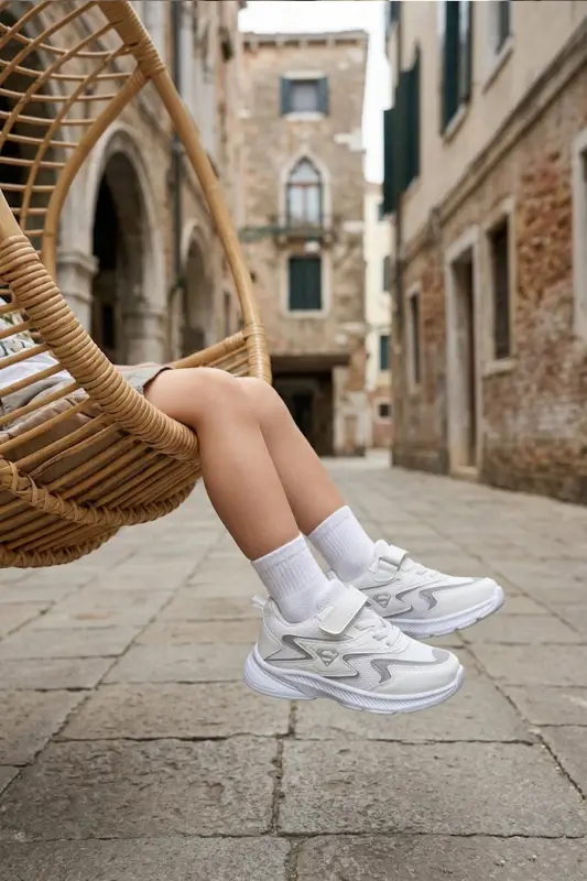 Bolalar Oq Ipli Yagona Velcro Elastik Yengil Nafas Oluvchi Uniseks To'rli Sneaker Sport Poyabzali-Oq - 4