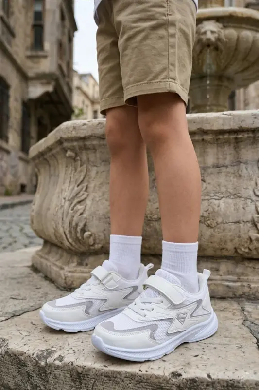Bolalar Oq Ipli Yagona Velcro Elastik Yengil Nafas Oluvchi Uniseks To'rli Sneaker Sport Poyabzali-Oq - 5
