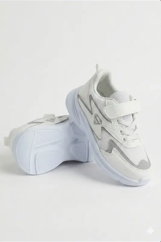 Bolalar Oq Ipli Yagona Velcro Elastik Yengil Nafas Oluvchi Uniseks To'rli Sneaker Sport Poyabzali-Oq - 7