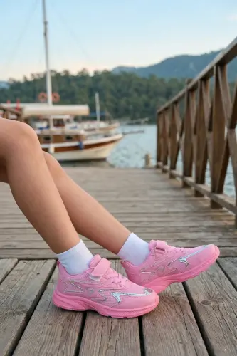 Bolalar pushti bog'ichli yagona Velcro elastik yengil nafas oladigan unisex to'rli krossovkalar sport poyabzali - pushti - 4
