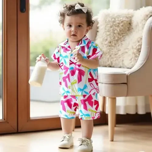 Bolalar Qiz Bola O'g'il Bola Atlas Pijama To'plami Qisqa Yengli Tugmali Ko'ylak Va Shortilar Pjs Yozgi Uyqu Kiyimi Tungi Kiyim - 3