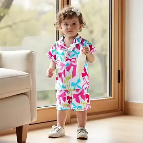 Bolalar Qiz Bola O'g'il Bola Atlas Pijama To'plami Qisqa Yengli Tugmali Ko'ylak Va Shortilar Pjs Yozgi Uyqu Kiyimi Tungi Kiyim - 4