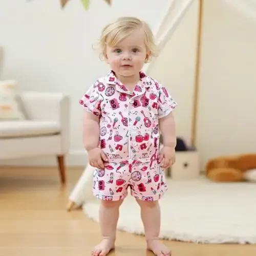 Bolalar Qiz Bola Satin Pijama To'plami Qisqa yengli Tugmali Ko'ylak Va Shortilar Pj Yozgi Uyqu Kiyimi Tungi Kiyim - 3