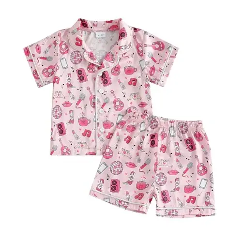 Bolalar Qiz Bola Satin Pijama To'plami Qisqa yengli Tugmali Ko'ylak Va Shortilar Pj Yozgi Uyqu Kiyimi Tungi Kiyim 