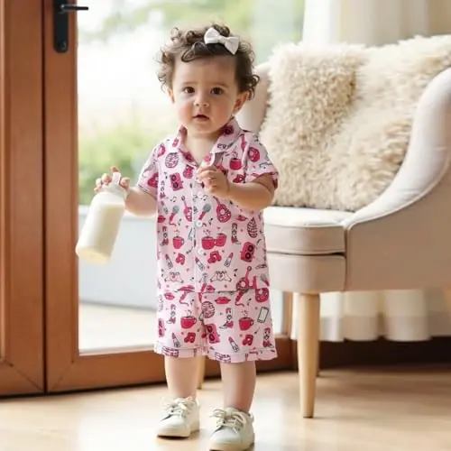 Bolalar Qiz Bola Satin Pijama To'plami Qisqa yengli Tugmali Ko'ylak Va Shortilar Pj Yozgi Uyqu Kiyimi Tungi Kiyim - KIDS (1)