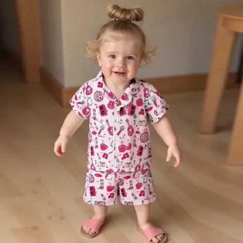 Bolalar Qiz Bola Satin Pijama To'plami Qisqa yengli Tugmali Ko'ylak Va Shortilar Pj Yozgi Uyqu Kiyimi Tungi Kiyim - 4