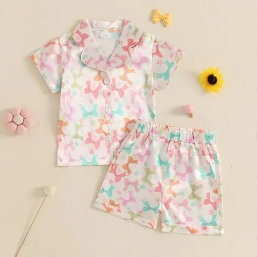 Bolalar Qiz Bola Satin Pijama To'plami Qisqa yengli Tugmali Ko'ylak Va Shortilar Pjlar Yozgi Uyqu Kiyimi Tun Kiyimi - 2