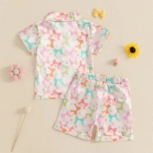 Bolalar Qiz Bola Satin Pijama To'plami Qisqa yengli Tugmali Ko'ylak Va Shortilar Pjlar Yozgi Uyqu Kiyimi Tun Kiyimi - 3