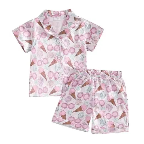 Bolalar Qiz Bola Satin Pijama To'plami Qisqa Yengli Tugmali Ko'ylak Va Shortilar Pjs Yozgi Uyqu Kiyimi Tungi Kiyimi - KIDS