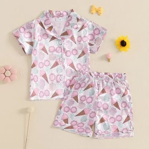 Bolalar Qiz Bola Satin Pijama To'plami Qisqa Yengli Tugmali Ko'ylak Va Shortilar Pjs Yozgi Uyqu Kiyimi Tungi Kiyimi - KIDS (1)