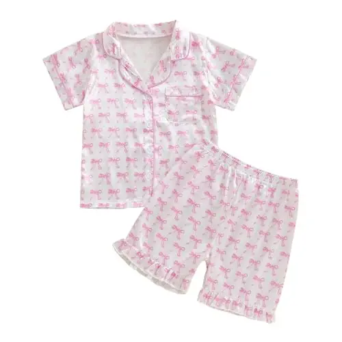 Bolalar Qizaloq Bola Atlas Pijama To'plami Qisqa yengli Tugmali Ko'ylak va Shortiklar Pijama Yozgi Uyqu Kiyimi Tungi Kiyim 