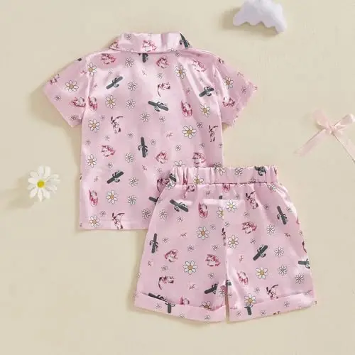 Bolalar Qizaloq Bola Satin Pijama Komplekti Qisqa yengli Tugmali Ko'ylak va Shortiklar Pjlar Yozgi Uyqu Kiyimi Tun Kiyimi - 4
