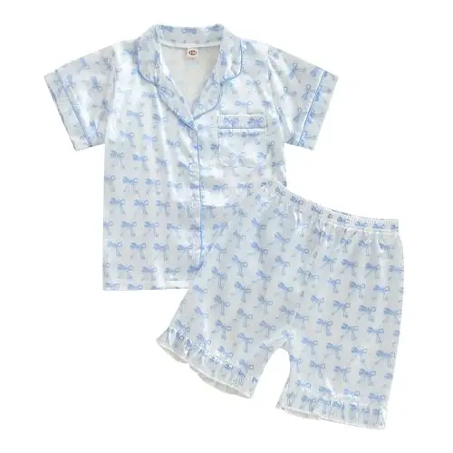 Bolalar Qizaloq Bola Satin Pijama Komplekti Qisqa yengli Tugmali Ko'ylak va Shortiklar Pjlar Yozgi Uyqu Kiyimi Tungi Kiyim - KIDS